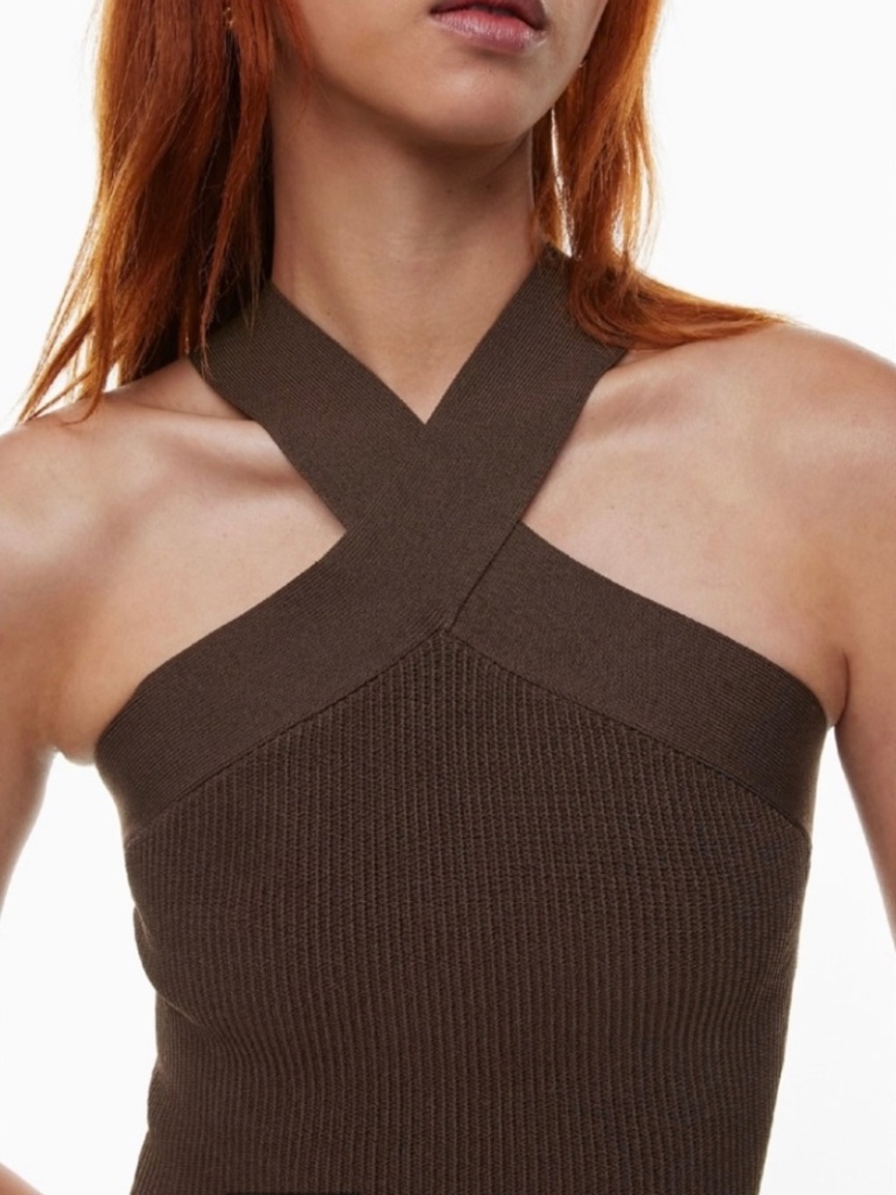 Aritzia Babaton Sculpt Knit Criss Cross Rich Mocha Brown Ribbed Crop Top S